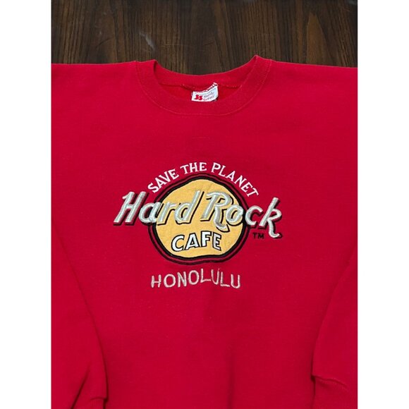 Vintage Hard Rock Cafe Honolulu Embroidery Red Crewneck Sweatshirt Large 90's - Picture 2 of 7
